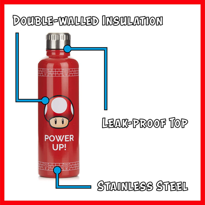 Super Mario Power Up Reusable Water Bottle 500ml Stainless Steel Leak Proof